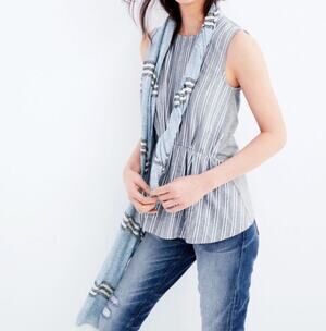 2/$30 J. Crew Chambray Cinched Striped Cotton Tank Top Blue Gray C1930 Size M